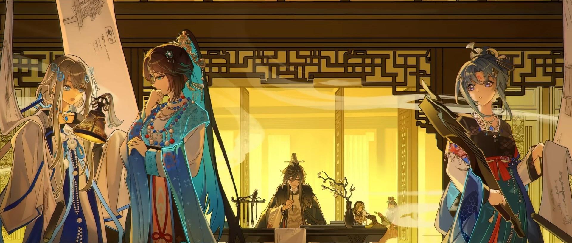 From left to right are Guizhong, Liu Yun Borrowing Wind True Monarch, Morax, Moon-Cutting True Monarch, Geo Archon Zhongli, and Song of Dust True Monarch. The background also features Guizhong's mechanism manuscript.
