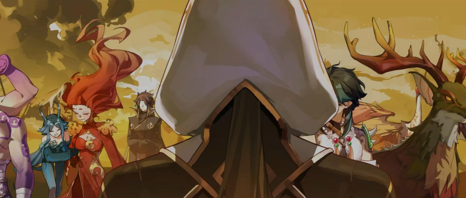 Except for the Archon, from left to right are Fusheng, Fan Nan, Ying Da, Mi Nu, Xiao, Geo Archon Zhongli, and Moon-Cutting True Monarch.